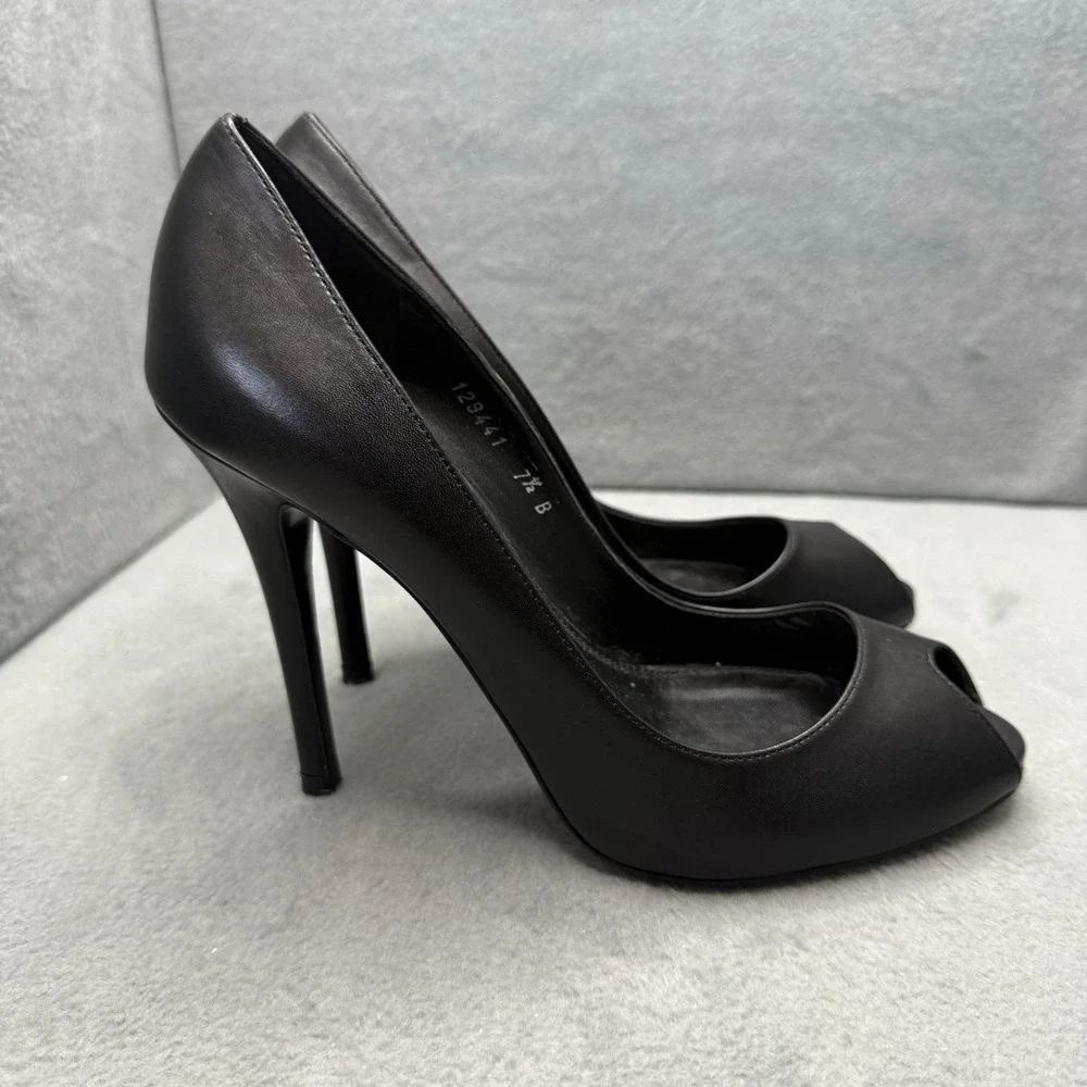 Ralph Lauren Collection Ranna Black Leather Peep-Toe Platform Pumps 7.5B